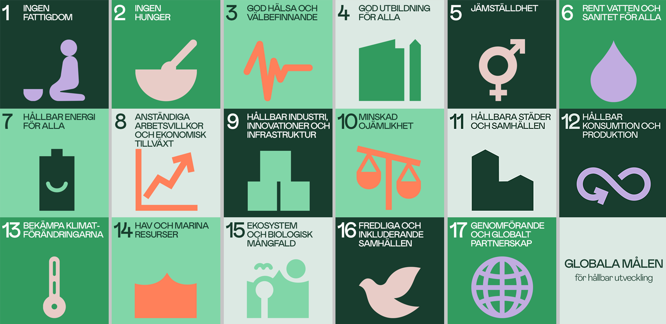 Illustrationer som symboliserar de 17 globala hållbarhetsmålen